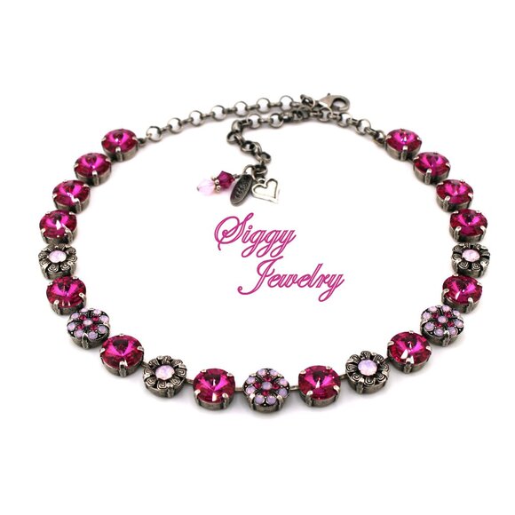 Magenta Glow Statement Necklace Made with Genuine Austrian Rivoli Crystals - Picture 3 of 5